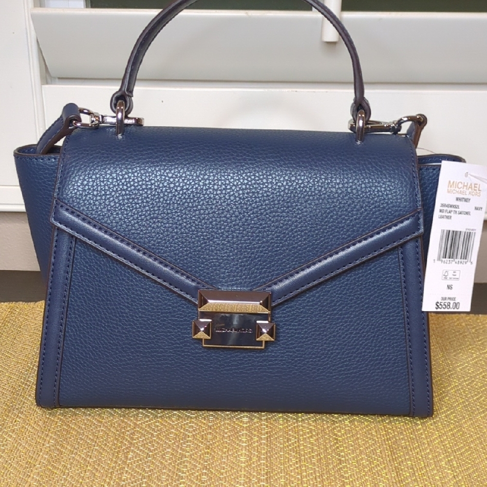 NWT Michael Kors Whitney Navy Leather Handbag With Duatbag